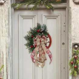 Dekorative Blumen 2024 Frohe Weihnachtskranz für Haustürfenster Hängende Dekoration Vintage Rattan Stoff Girlande Weihnachtsfeier Navidad