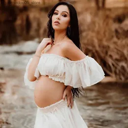 Moderskapsklänningar Photoshot gravida kvinnors klänning med halv transparent chiffong lång kjol och axel ruffles kvinnors fotografiklänning q240413