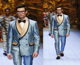 Nyaste blå dubbelbröst brudgummen Tuxedos Två stycken Mens Designer Suits Custom Made Slim Fit Suit for Weddings Man SuitsJac6302281