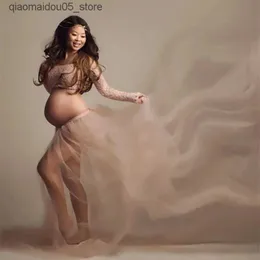 マタニティドレス妊娠中の女性のフォーマンドレスセット長袖とレースカットトップ+薄いガーゼの肌。妊娠中の女性のロングスカート写真撮影Q240413
