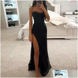 Basic Casual Dresses Thigh Slit Maxi Dress Elegant Sequin Spaghetti Strap Evening With Off Shoder Detail High Split Womens Prom For Dr Dhxe5