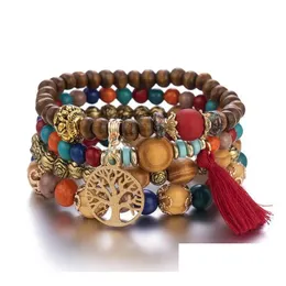 Beaded 18Cm Mtilayer Wood Beads Strands Tassel Tree Of Life Charm Bracelets Bohemian Beach Style Bangles For Women Gift Wrist Mala Br Dh7Im