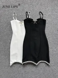 Casual Dresses JUNE LIPS 2024 Fashion Sexy Sling V-neck Knitted Butterfly Diamond Chain Backless Bandage Dress Elegant Women's Evening Dres