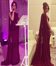 New Burgundy Evening Dresses Formal Party Wear with Cape Shawl Mermaid Prom Gowns Bateau Vintage Maroon Cheap High Quality Dress1106645