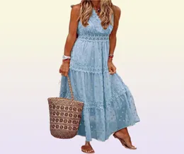 Günlük elbiseler kadın moda seksi maxi elbise yaz plajı tatil polka noktaları boho tığ işi dantel v boyun bayanlar kolsuz slip1852327