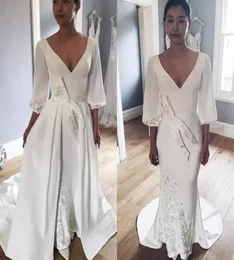 Modest 2018 Deep V Neck 34 Long Sleeve Mermaid Wedding Dresses With Detachable Train Terbroidery Bow Sash Long Long Bridal Orghs EN12267848944