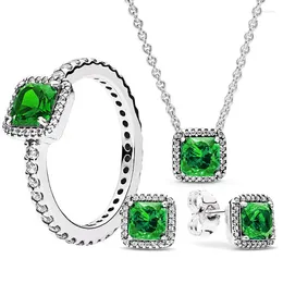 Cluster Rings 925 Sterling Silver Classic Timeless Elegance Necklace Earring Ring With Green Crystal For Women Fashion Jewelry Set