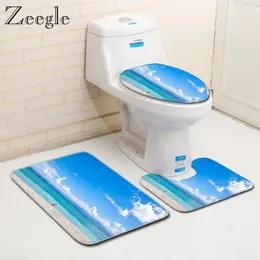 الحصير الحمام Zeegle 3D Beach Pattern Set Lid Toilet Cover Cover Microfiber Shower