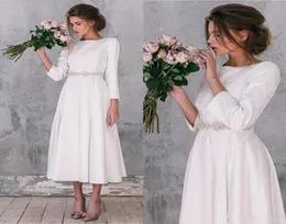 2019 elegantes vestidos de noiva de manga longa vintage uma linha comprimento de chá lindo lindos vestidos de noiva simples manto de mariage plus size casamento 3550481