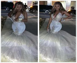 Glitter Silver Sexy Vneck Deniz Kızı Prom Elbiseler 2020 Spagetti kayışları Afrika Uzun Resmi Gece Elbise Mezuniyet Partisi Elbiseler B1095898