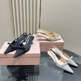 Newest Top Quality Sexy High Heels brand Luxury Designer slingback Women Pumps Pointed Toe bow tie Leather Buckle Strap Diamond Rivet Party Shoes Summer Sandals