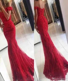 2019 New Red Lace Mermaid Prom Dresses Veatidos Off Should Beaded Appliques Tulle Floor Length Cheap Long Evening Gowns1390463