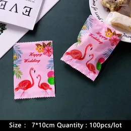 Gift Wrap 100pcs/lot Cookies Plastic Packaging Bag Pink Romantic Matte Elegant Flamingos Happy Wedding Party Handmade Biscuit Pack