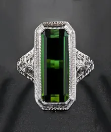 Cluster Rings Vintage Antique Pattern Carving Large Green Stone Ring Geometry Silver Color For Men Women Engagement Jewelry Y5N5432329582