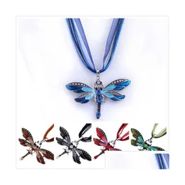 Anhänger Halsketten neuer Stil 6 Farben Vintage Emaille Dragonfly Kristall Organza -Schnur Halskette Mode Schmuck Schiff Drop Lieferung Penda DHMXO