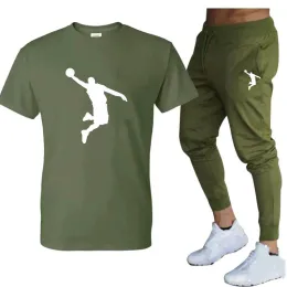 Pantolon Yaz Erkekler Tshirt+Pantolon 2 Parçası Set Marka Sıradan Joggers Kısa Kollu Basketbol Takip Hip Hop Fashicon Giyim