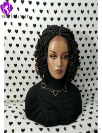 2020 Nya spetsar frontal korta flätade peruker för svarta kvinnor syntetiska spetsar fram flätor peruk med lockigt spetsar baby hår4004373