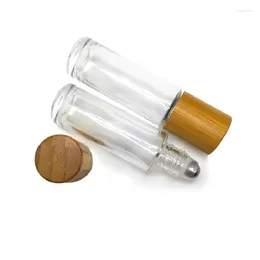 Lagringsflaskor 10 ml 15 ml bambu cap Roll på flaska Essential Oil Glass Steel Bead Parfym Cosmetic Packaging Roller 15 Pieces