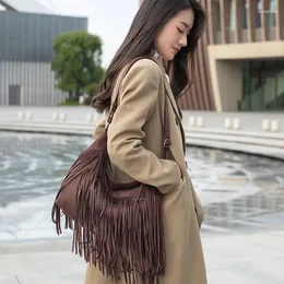 Drawstring 2024 Retro Personality Tassel Women Bag PU Leather Large Capacity Frosted Fashion Shoulder Travel Ladies Messenger