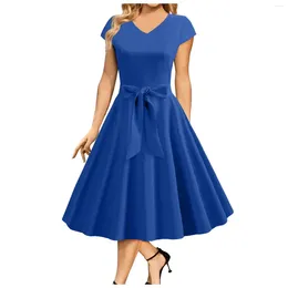 Casual Dresses Women's Cocktail Vintage Wedding Guest Plus-Size Dress for Women Short Sleeve Deep V Neck Solid Color Vestido