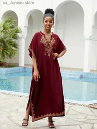 Basic Casual Dresses LORYLEI Dark Blue Standing Collar Embroidered Kaftan Womens Fashionable Robe Boho Party Holiday House Robe Beach Dresses Q1545 1 T240415