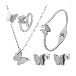 Halskette Ohrringe Set farbloser Edelstahl Flexibler Frosted Schmetterling Anhänger Ring Armband Frau Schmuck Schmuck