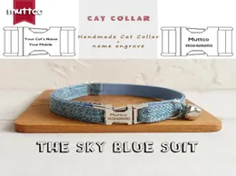 MUTTCO Adjustable pet collar for cat training comfortable kitten necklace THE SKY BLUE SUIT handmade engrave cat collar 2 sizes UC9686347