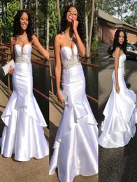 Shinning Satin Mermaid White Evening Gowns Sweetheart Applique Beaded Waist Prom Dresses Tiered Floor Length Black Girl Cocktail P1443612