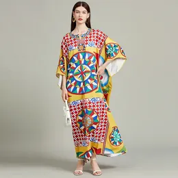 Summer Bohomian Maxi Dress Runway Womens Oneck Batwing Sleeve Vintage Colorblock Print Lose szaty Długie boho vestidos 240410