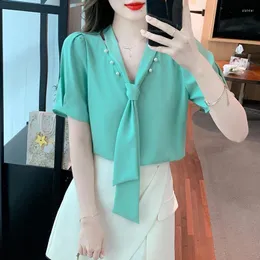 Women's Blouses Summer Short Sleeve Blouse Women Blusas Mujer De Moda Pearls Beading Bow V-Neck Chiffon Shirt Tops