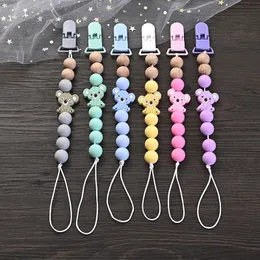 Baby Pacifier Clips Holder Silicone Cartoon Animal Teething Chain Wood Teether For Nursing Chew Toys Gift 240409