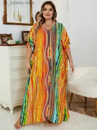 Basic Casual Dresses 2024 Boho Printed Kaftan Casual Summer Clothing Women Plus Size V-Neck Batwing Slve Beach Wear Maxi Dress Robe Sarong Q1476 1 T240415