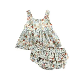 Kläder sätter fokusnorm 024m sommar Härliga baby flickor kläder 2st blommor tryckta ärmlösa toppar rufsar elastiska shorts7532888