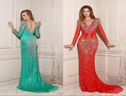 بيع فساتين السهرة المشاهير مع Bling Bling Sexy Beaded Stones Deep V الرقبة الشفافة طويلة الأكمام عاجزة حوريات البحر Prom Dresse1223015