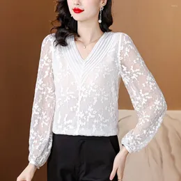 Kadınlar bluzlar vintage ipek gömlek yaz dantel tığ işi bluz kadınlar seksi v yaka uzun kol üstleri nakış blusas femme nedensel giyim