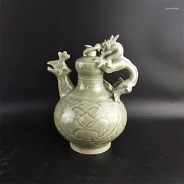 VASES SONG YAOZHOU KILN CELADON CARKVING DRAGONハンドルフェニックスヘッドバックフローポットアンティークコレクションアリ