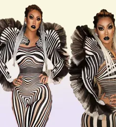 Moda zebra desen tulum kadın şarkıcı seksi sahne kıyafet ds dans cosplay bodysuit performans gösterisi kostüm 220328533969