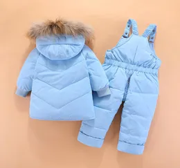 Olekid 2020 Winter Baby Jungen Schneeanzug Kapuzepelzkragen Jacke Down Overalls Säuglingsanzug Kleinkind Girl Snow Wear Set LJ202099336