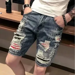 Skinny grafik rippad manlig denim shorts multi färg smala herr korta jeans byxor lyx designer trend y2k streetwear spanx 240401