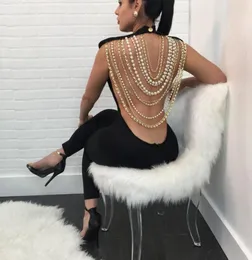 Stunning Backless Beading Bandage Jumpsuit 2021 New Fashion Pearls Gold Chains Embellished Open Back Party Jumpsuits6257698