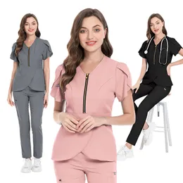 YL040 Women grey's anatomy Hospital Female Scrubs Suits Dental Suit Blouse Short Sleeved Nurse Working Uniforms Solid Color Pet Veterinary