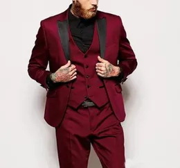 2018 Burgundy Men Suits Black Peaked Lapel Three Wedding Groom Tuxedos Custom Bridegroom Wear Jacket Pants Vest5147506