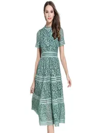 Zawfl عالية الجودة لباس الصورة الذاتية 2018 Summer Women Elegant Slim Pinkgreen Hollow Out Lace Aline Midi Dress Vestidos1606015