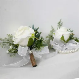 Dekorativa blommor White Rose Wrist Corsage för män Wristlet Band Boutonniere Set Wedding Flower Prom Suit Decor Accessories