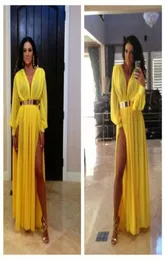 2014 желтые vneck michael costello вечерние платья с длинными рукавами боковая щель и створчатая плиссированная юбка для пола.