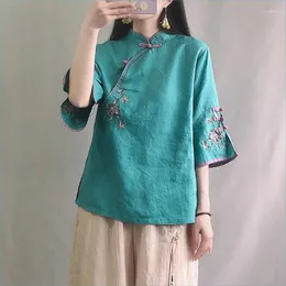 エスニック服マルチカラーセブンクォーターレディースコットンリネンシャツブラウス中国の伝統的な女性のフォーマルトパンコスチュームハンフE920