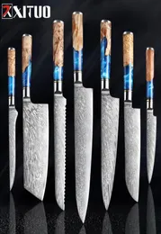 Xituo Kitchen Knivesset Damascus Steel VG10 Chef Knife Cleaver Paring Bread Knifle Blue Resin 및 Color Wood Handle Cooking Cooking Tool 8340795