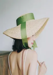 Shipdesigner Cap Hat Eaves Evensive Wheatstraw Streamer Bow Flat Straw Hats Beach Sun Hat Sun Systlic Design Women 9136181