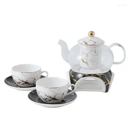 Teaware Sets European Marble Flower Teapot Set Heat-resistant Glass Afternoon Tea Cup Saucer Household Candle Heating Insulation