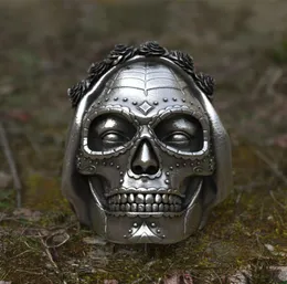 Goth Santa Muerte Ring Rose Crown Sugar Skull Stainless Steel Rings Womens Punk Biker Jewelry Unique Gift4598224